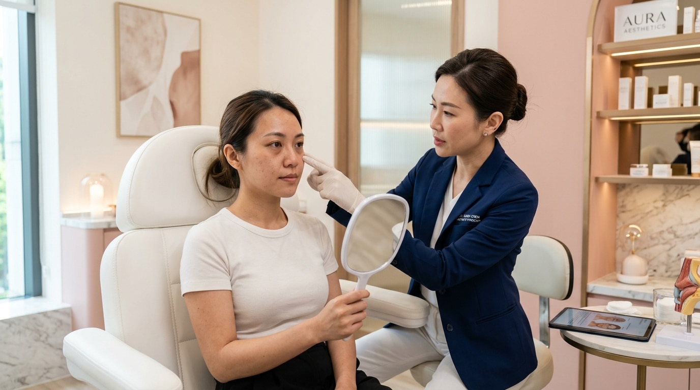 แพทย์กำลังประเมินโครงสร้างใต้ตาก่อนเลือกฟิลเลอร์หรือฉีดไขมัน