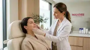 แพทย์กำลังประเมินใบหน้าคนไข้ในคลินิกก่อนวางแผนดูแลภาวะแทรกซ้อนจากฟิลเลอร์