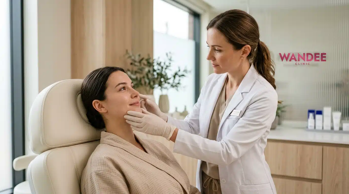 แพทย์กำลังประเมินใบหน้าคนไข้ในคลินิกก่อนวางแผนดูแลภาวะแทรกซ้อนจากฟิลเลอร์