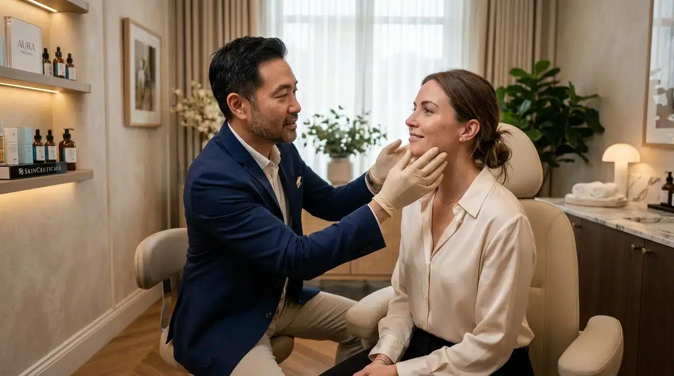 แพทย์กำลังประเมินความพร้อมของใบหน้าก่อนฉีดฟิลเลอร์ใหม่