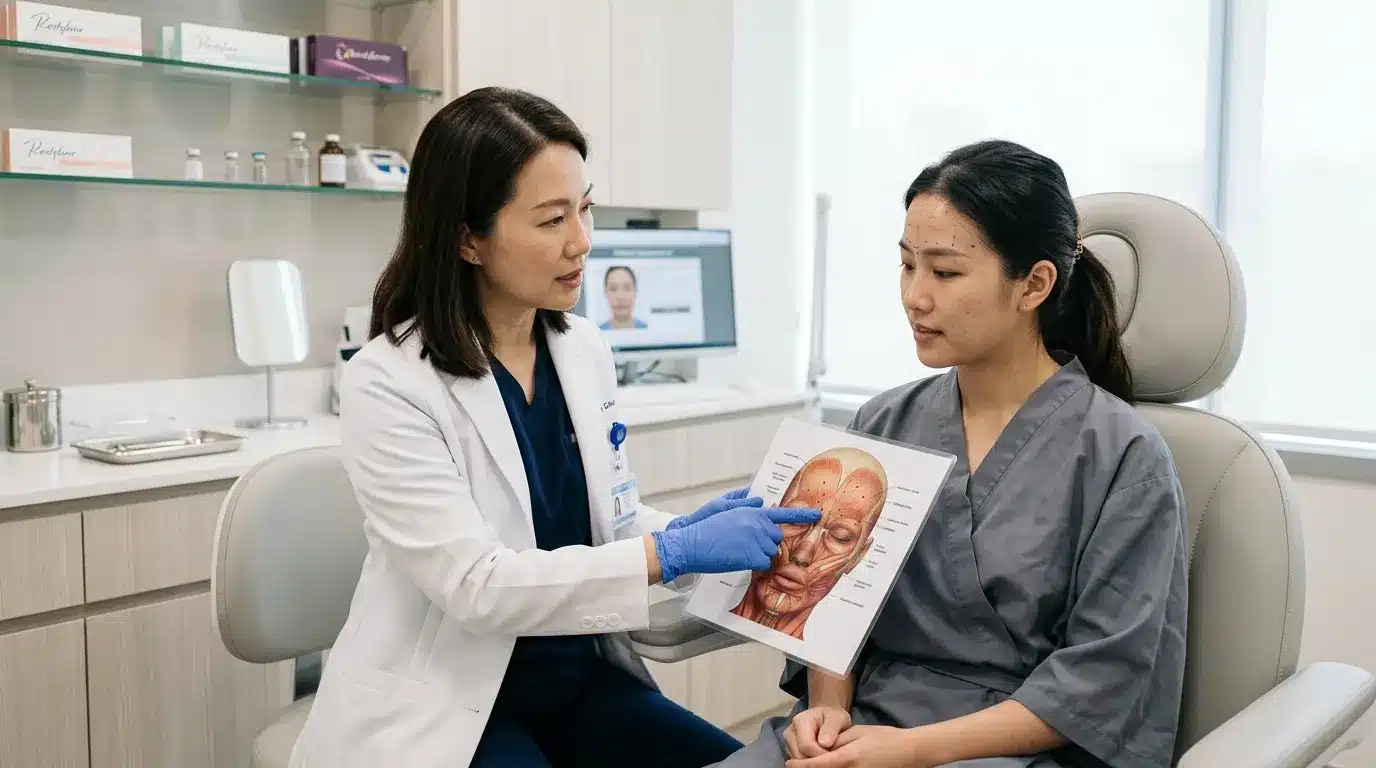 คนไข้กำลังรับคำแนะนำการดูแลหลังฉีดฟิลเลอร์หน้าผากในคลินิก