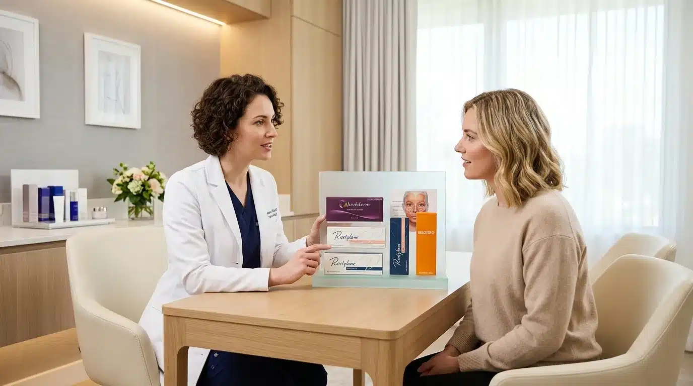 แพทย์กำลังอธิบายการเลือกชนิดฟิลเลอร์ก่อนฉีดใหม่