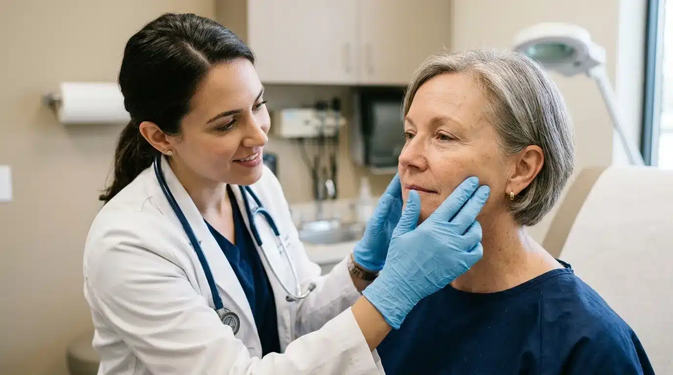 แพทย์กำลังตรวจสีผิวและการไหลเวียนของผิวหลังฉีดฟิลเลอร์