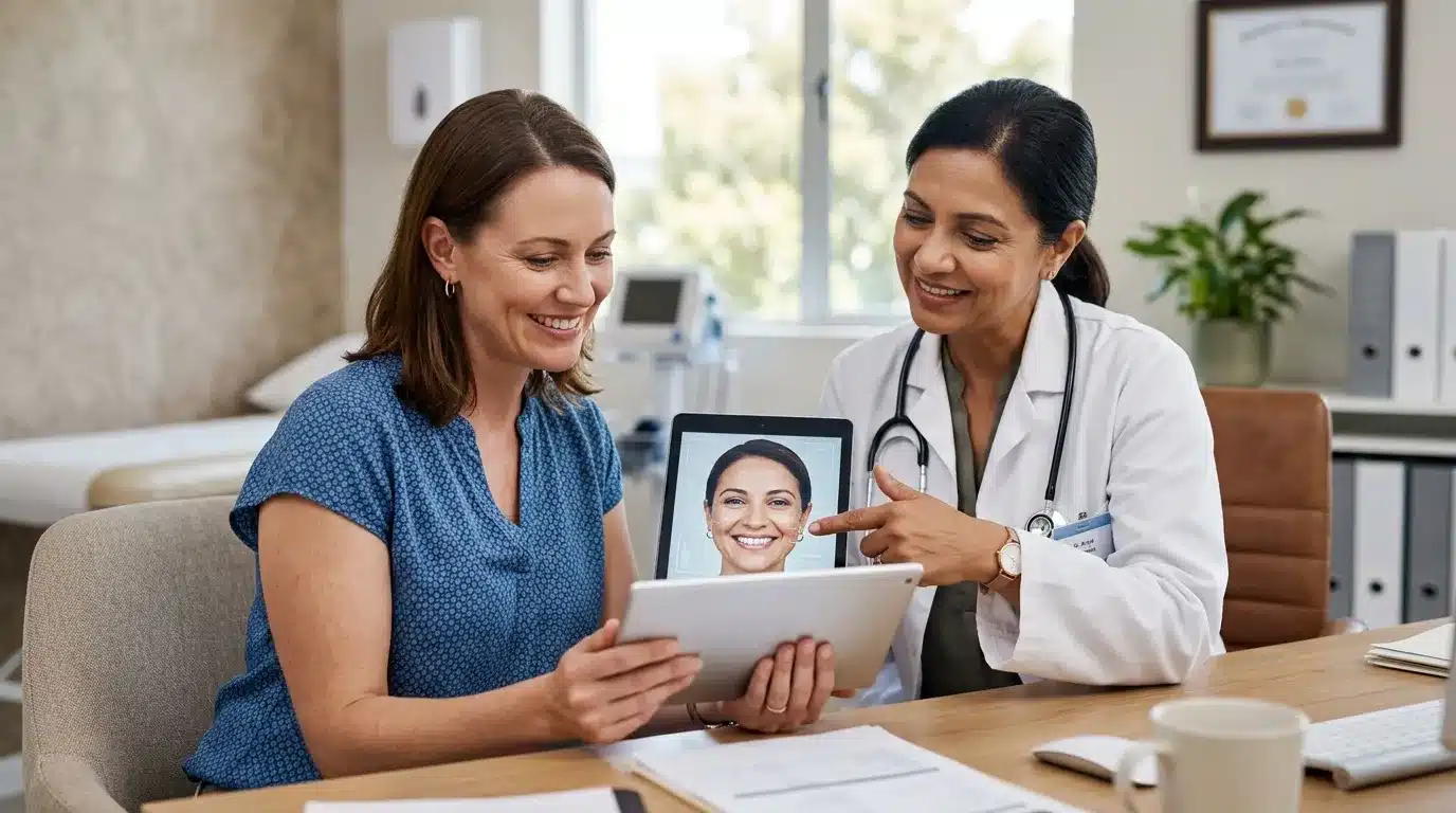 แพทย์กำลังติดตามอาการผิวของคนไข้หลังการดูแลภาวะแทรกซ้อนฟิลเลอร์