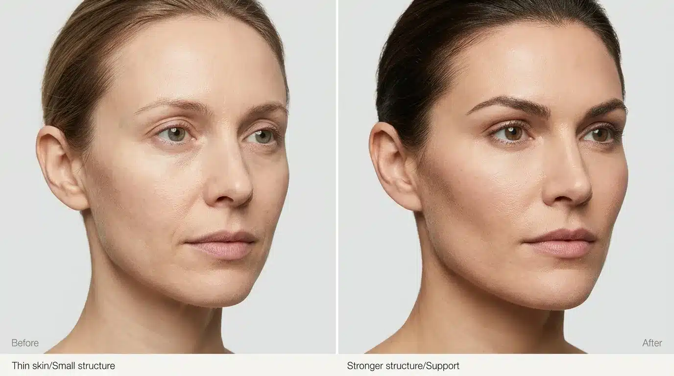 ภาพสื่อถึงความต่างของสภาพเนื้อเยื่อเดิมที่ทำให้ฟิลเลอร์ดูบวมไม่เท่ากัน