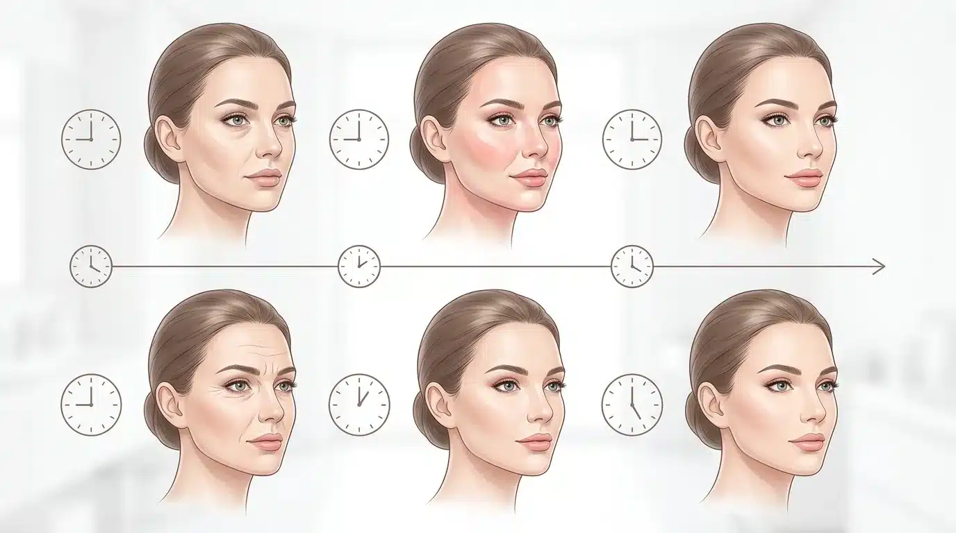 ภาพสื่อว่า ฟิลเลอร์เห็นการเปลี่ยนแปลงได้ทันทีแต่ต้องรอเข้าที่ ส่วนโบท็อกซ์ค่อย ๆ เห็นผลตามเวลา