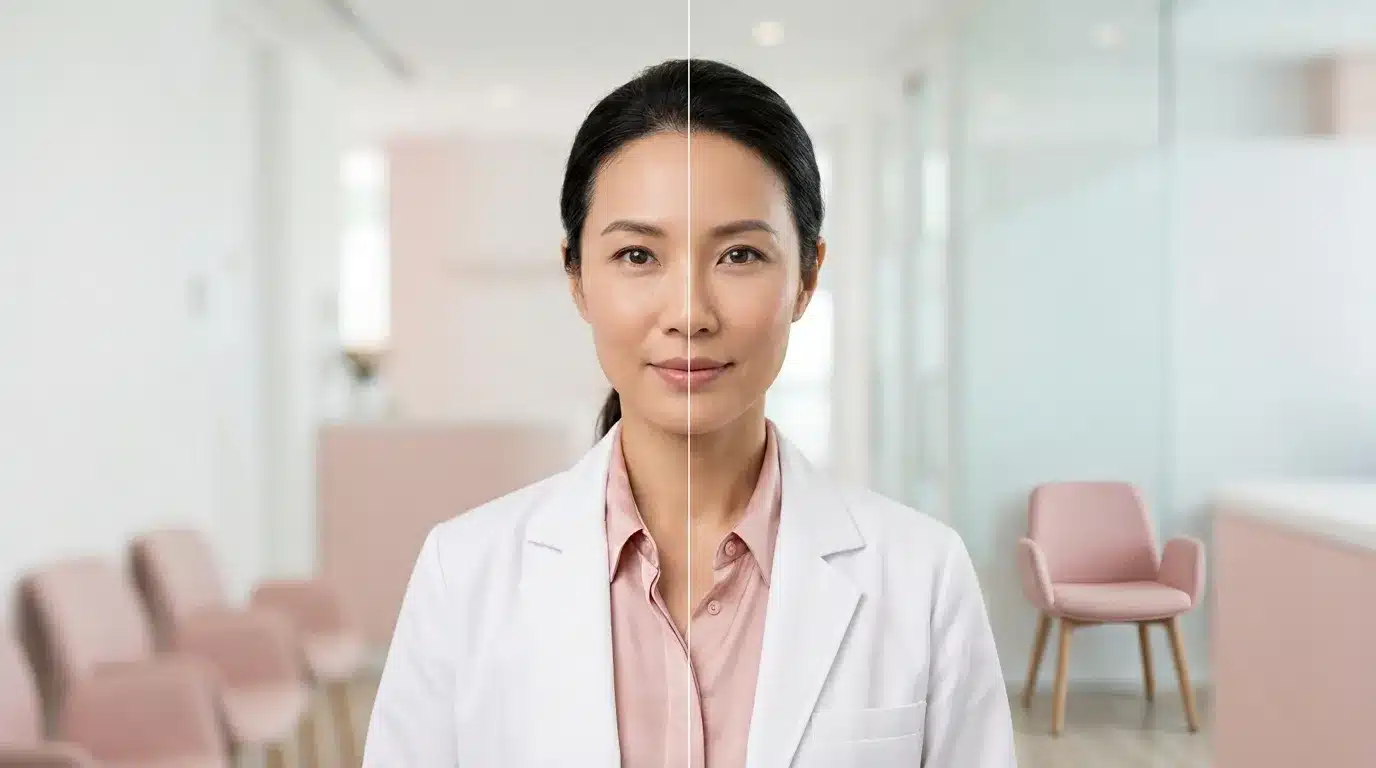 ภาพสื่อการประเมินความต่างระหว่างฟิลเลอร์กับโบท็อกซ์ โดยดูทั้งริ้วจากการขยับ วอลลุ่มยุบ และสัดส่วนโครงหน้า