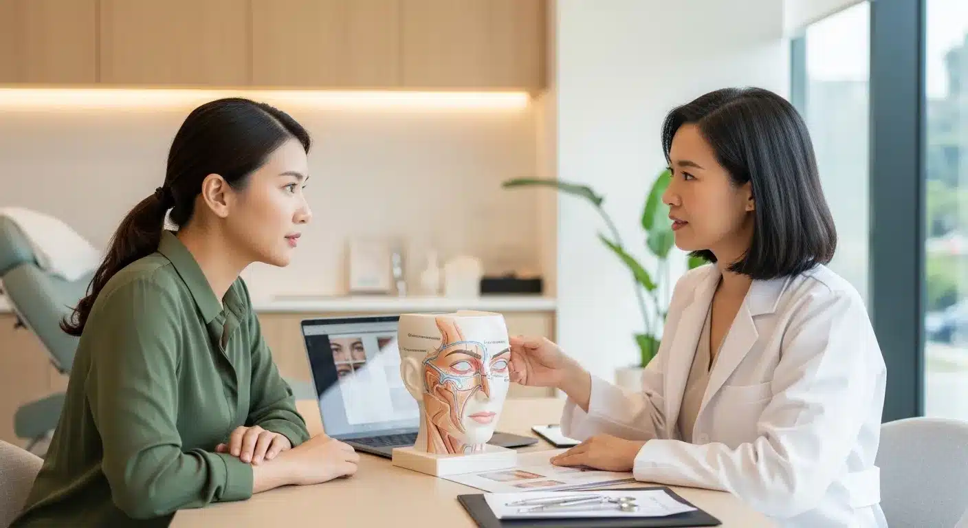 คนไข้กำลังสอบถามข้อมูลเกี่ยวกับฟิลเลอร์ขมับกับแพทย์