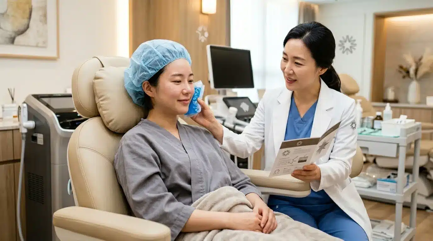 ภาพสื่อการดูแลหลังทำหัตถการความงามและการประเมินเรื่องบวม พักฟื้น และความสบายหลังทำ