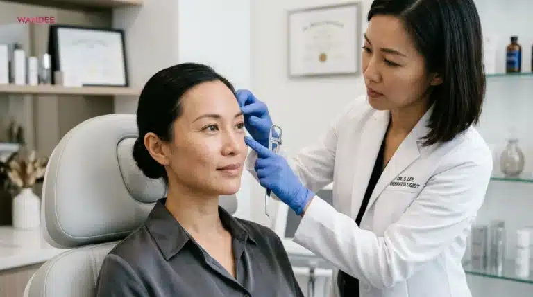 แพทย์กำลังประเมินขมับยุบและสัดส่วนใบหน้าก่อนฉีดฟิลเลอร์ขมับ