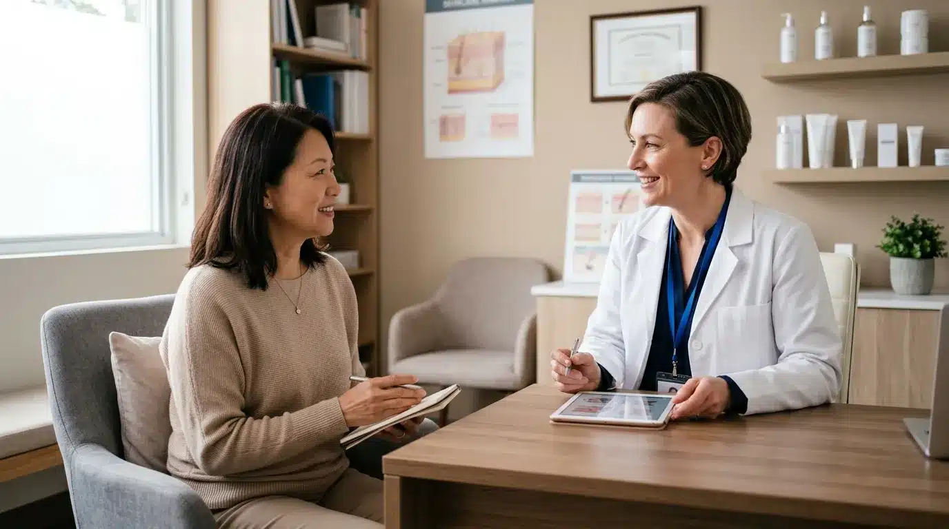 คนไข้กำลังสอบถามข้อมูลเกี่ยวกับฟิลเลอร์หน้าผากกับแพทย์