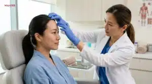 แพทย์กำลังประเมินรูปทรงหน้าผากก่อนฉีดฟิลเลอร์ในคลินิกความงาม