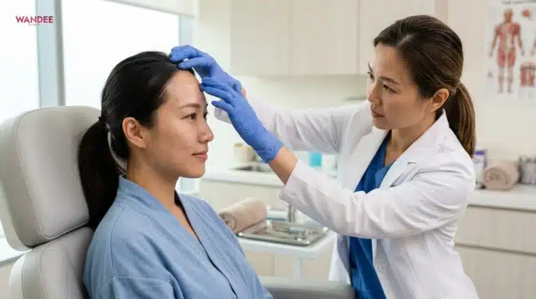 แพทย์กำลังประเมินรูปทรงหน้าผากก่อนฉีดฟิลเลอร์ในคลินิกความงาม