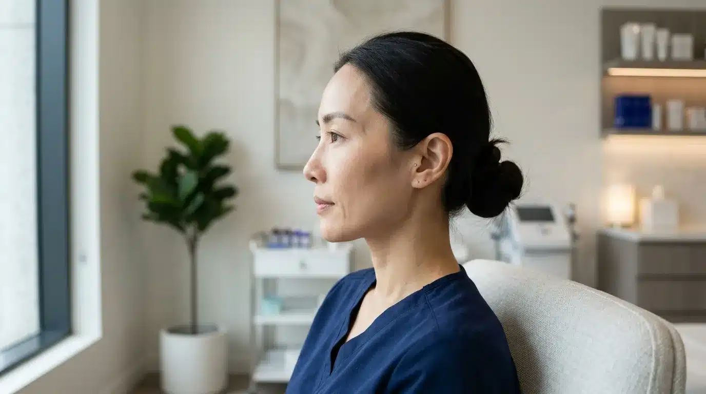 แพทย์กำลังประเมินขมับยุบและรูปหน้าก่อนวางแผนฉีดฟิลเลอร์ขมับ