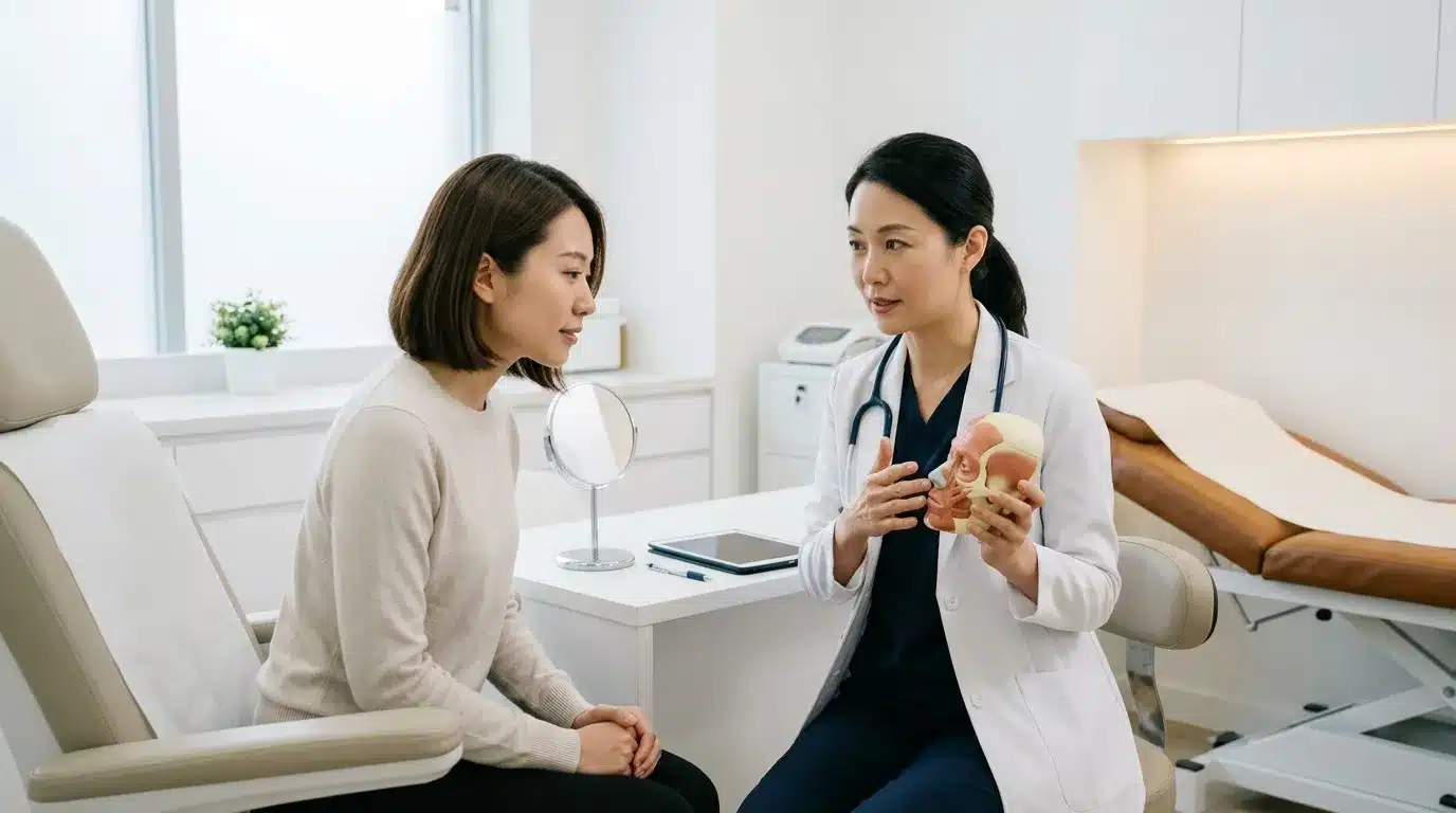 แพทย์กำลังอธิบายเหตุผลที่ต้องสลายฟิลเลอร์ก่อนฉีดใหม่