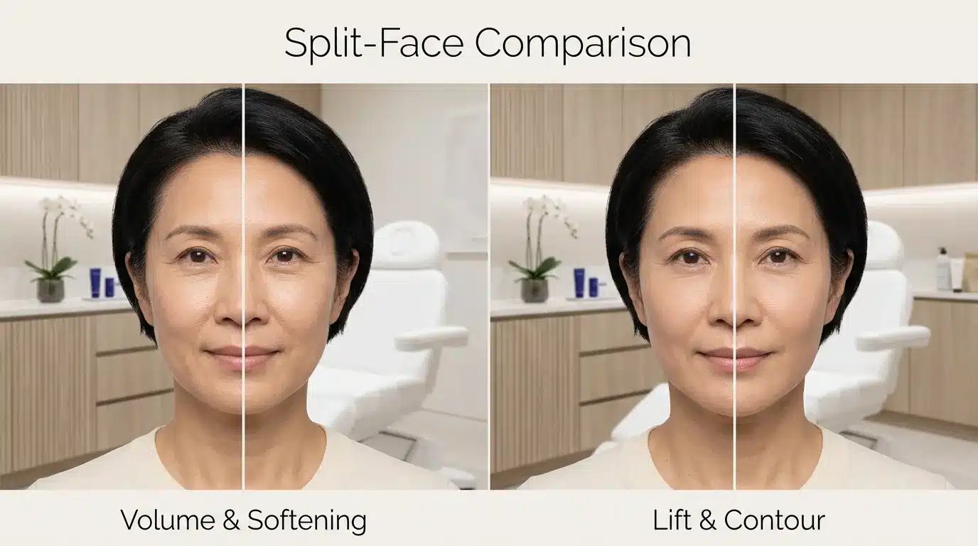 ภาพสื่อความต่างของผลลัพธ์ระหว่างฟิลเลอร์ที่ช่วยเติมมิติ กับ HIFU ที่ช่วยให้กรอบหน้าดูกระชับขึ้น