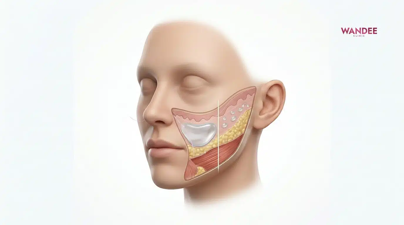 ภาพสื่อว่าตำแหน่งและชั้นที่วางฟิลเลอร์หน้าแก้มต่างกัน ทำให้ใช้ cc ต่างกัน และการวางถูกชั้นช่วยให้เนียนและลดโอกาสเป็นก้อน