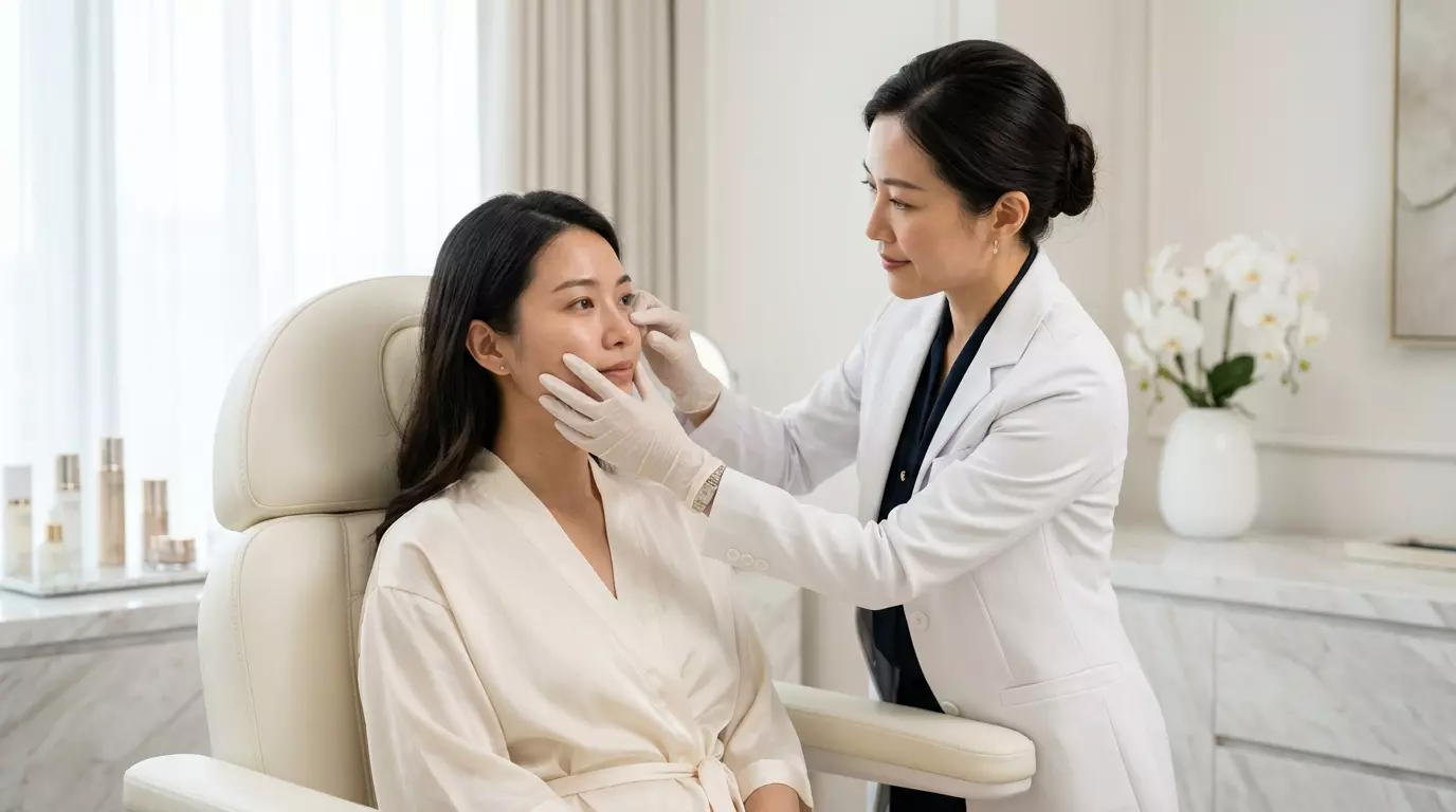 แพทย์กำลังประเมินเคสแก้ฟิลเลอร์ไหลบนใบหน้าคนไข้ในคลินิกความงาม