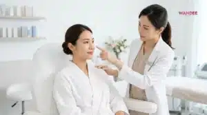 ภาพแพทย์ประเมินตำแหน่งฉีดฟิลเลอร์บนใบหน้า เพื่ออธิบายความแตกต่างของระยะคงอยู่ในแต่ละจุด