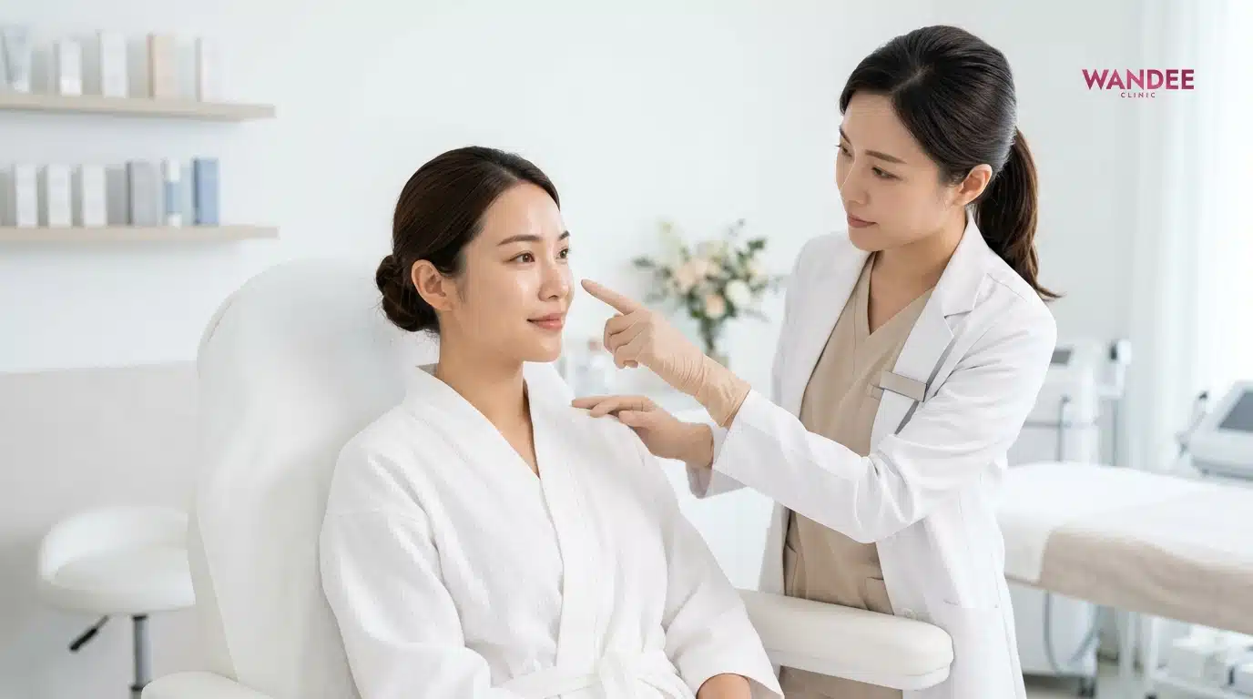 ภาพแพทย์ประเมินตำแหน่งฉีดฟิลเลอร์บนใบหน้า เพื่ออธิบายความแตกต่างของระยะคงอยู่ในแต่ละจุด