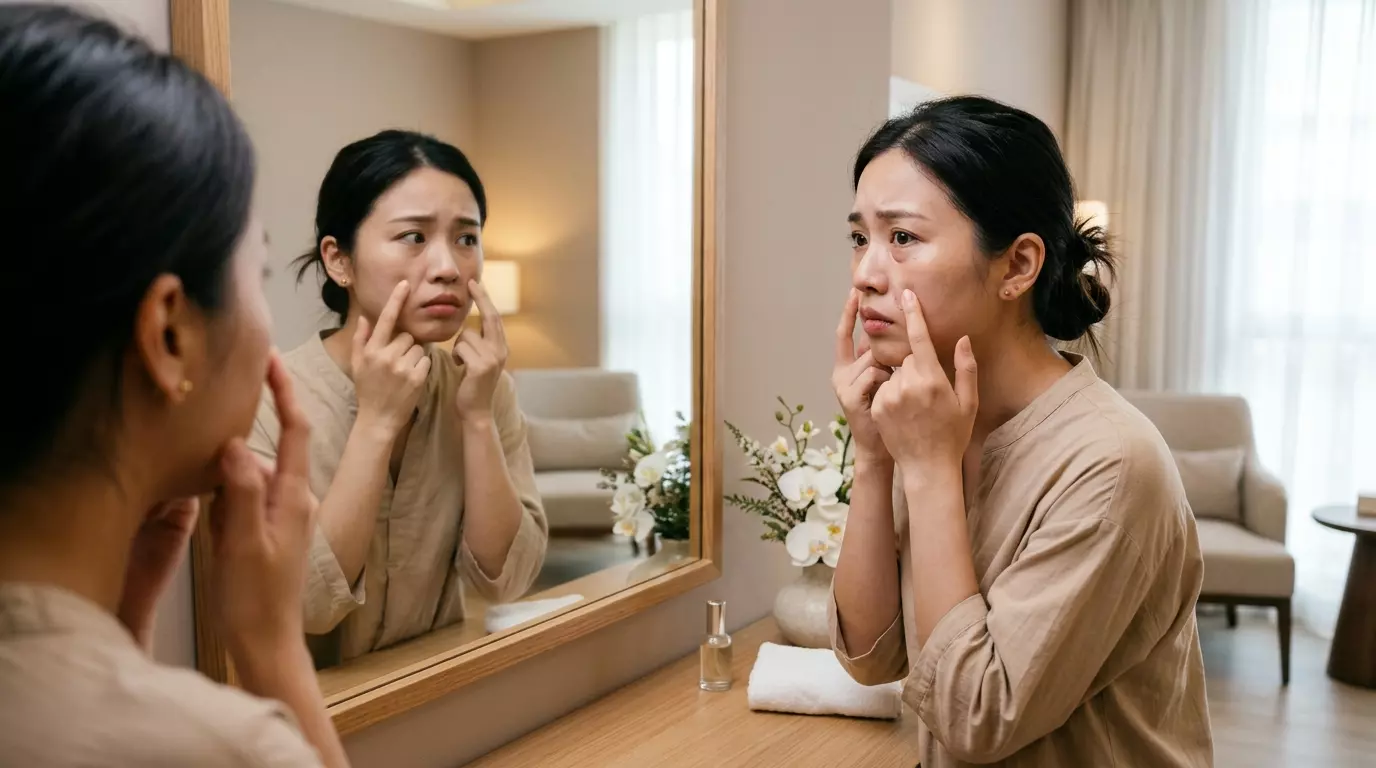 คนไข้กำลังสังเกตบริเวณใบหน้าที่สงสัยว่าฟิลเลอร์ไหล