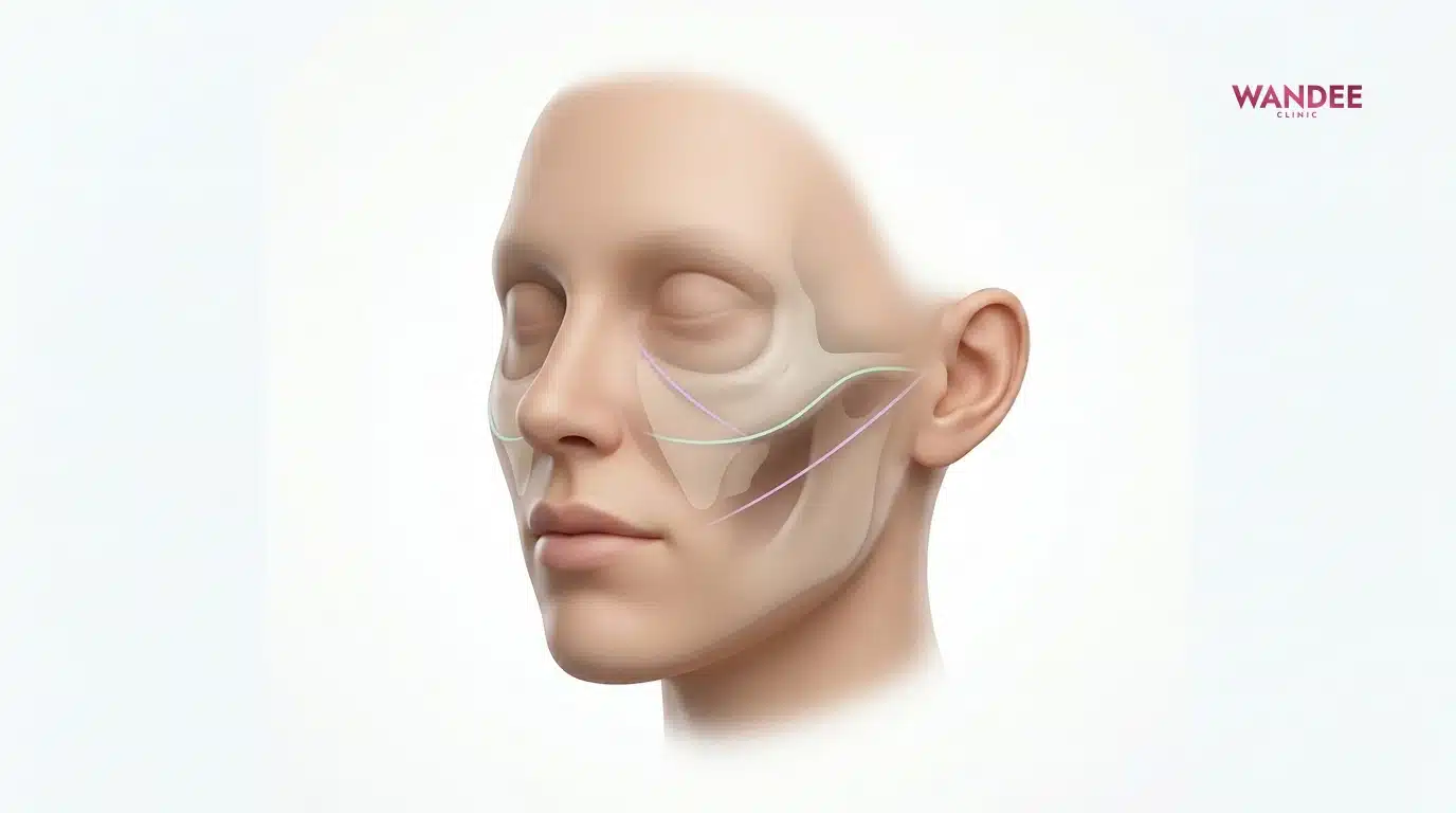 ภาพสื่อว่าแก้มตอบเกิดจากวอลลุ่มชั้นแก้มลดลงและฐานรองรับช่วงกลางหน้าที่เปลี่ยน จึงต้องประเมินทั้งโครงสร้างก่อนกำหนด cc