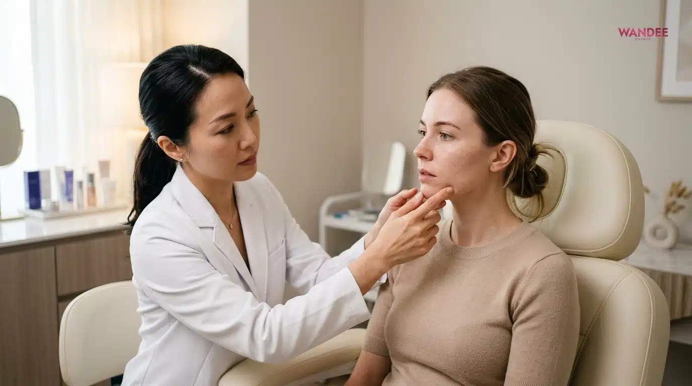 แพทย์กำลังประเมินเคสแก้ฟิลเลอร์พังบนใบหน้าคนไข้ในคลินิกความงาม