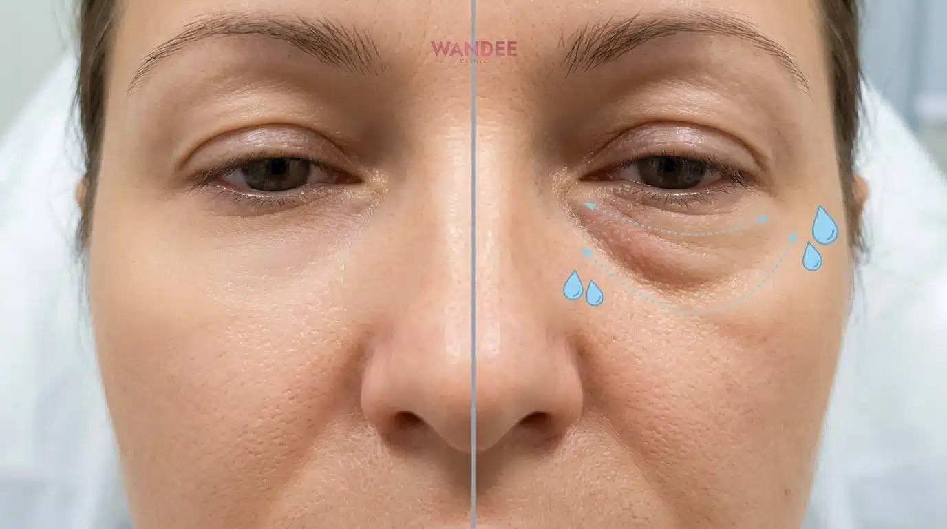 ภาพสื่อการอุ้มน้ำที่ทำให้ใต้ตาพองได้ในบางคนหลังฉีดฟิลเลอร์ โดยเน้นความแตกต่างระหว่างเรียบเนียนกับพองบวม