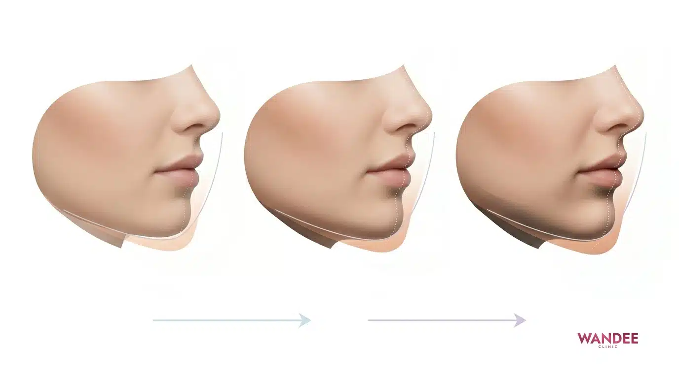 ภาพสื่อว่าปริมาณฟิลเลอร์คางเป็นช่วงตามระดับปัญหาและเป้าหมายทรง ไม่ใช่เลขเดียวสำหรับทุกคน