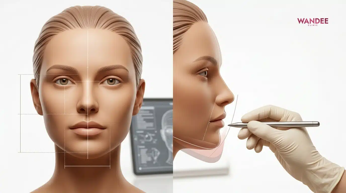 ภาพสื่อการประเมินคางจากหน้าตรงและด้านข้างเพื่อดูสัดส่วน ไม่ตัดสินจากจำนวน cc เพียงอย่างเดียว