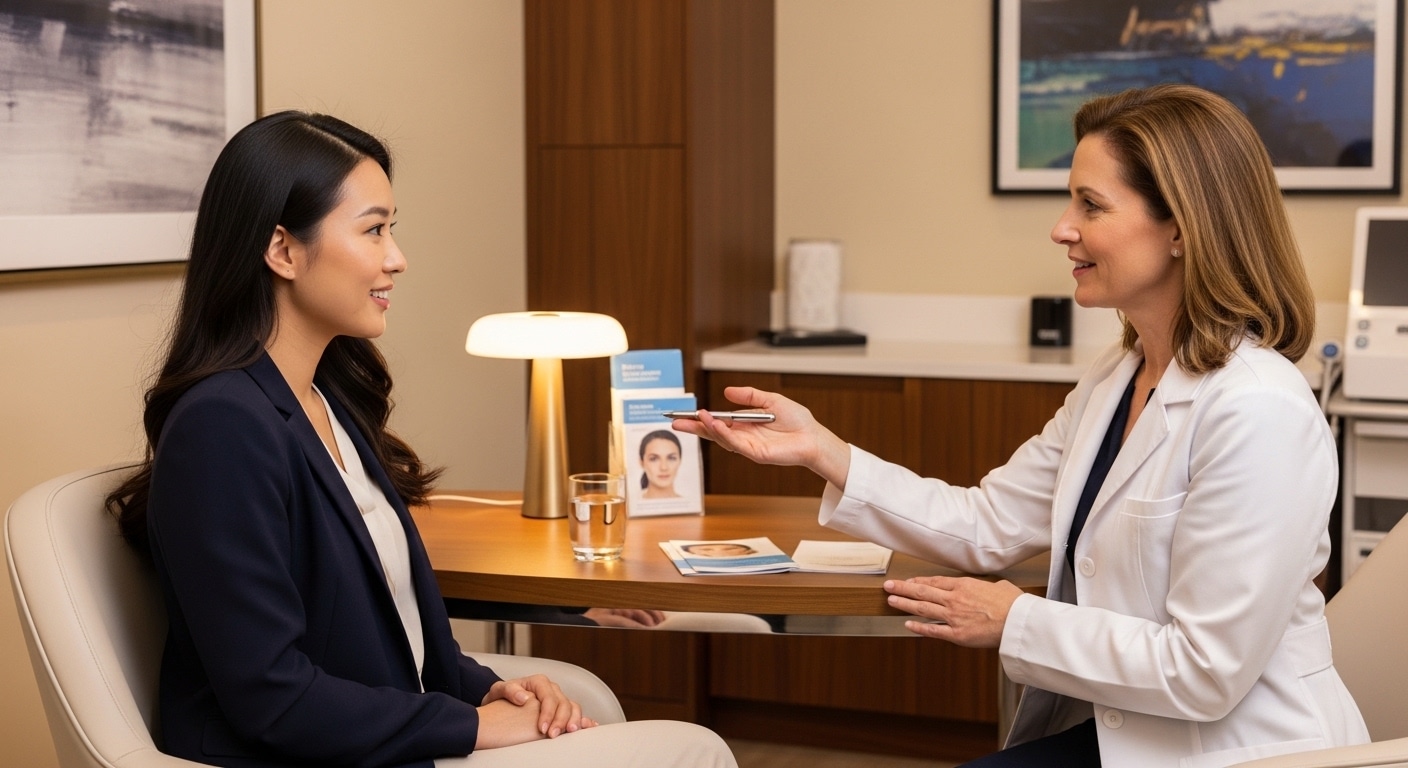 คนไข้กำลังสอบถามแพทย์เกี่ยวกับปัญหาใต้ตาและแนวทางการแก้ไข