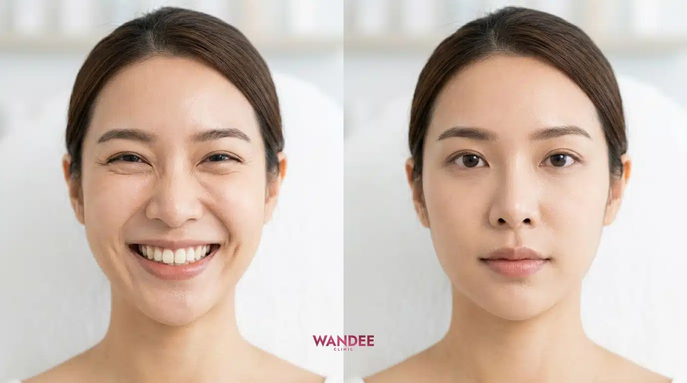 ภาพเปรียบเทียบใบหน้าขณะขยับและใบหน้าขณะนิ่ง เพื่อสื่อว่าการเคลื่อนไหวมีผลต่อความคงอยู่ของฟิลเลอร์