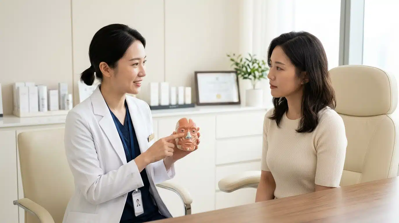 แพทย์กำลังอธิบายเรื่องการสลายฟิลเลอร์และข้อจำกัดให้คนไข้