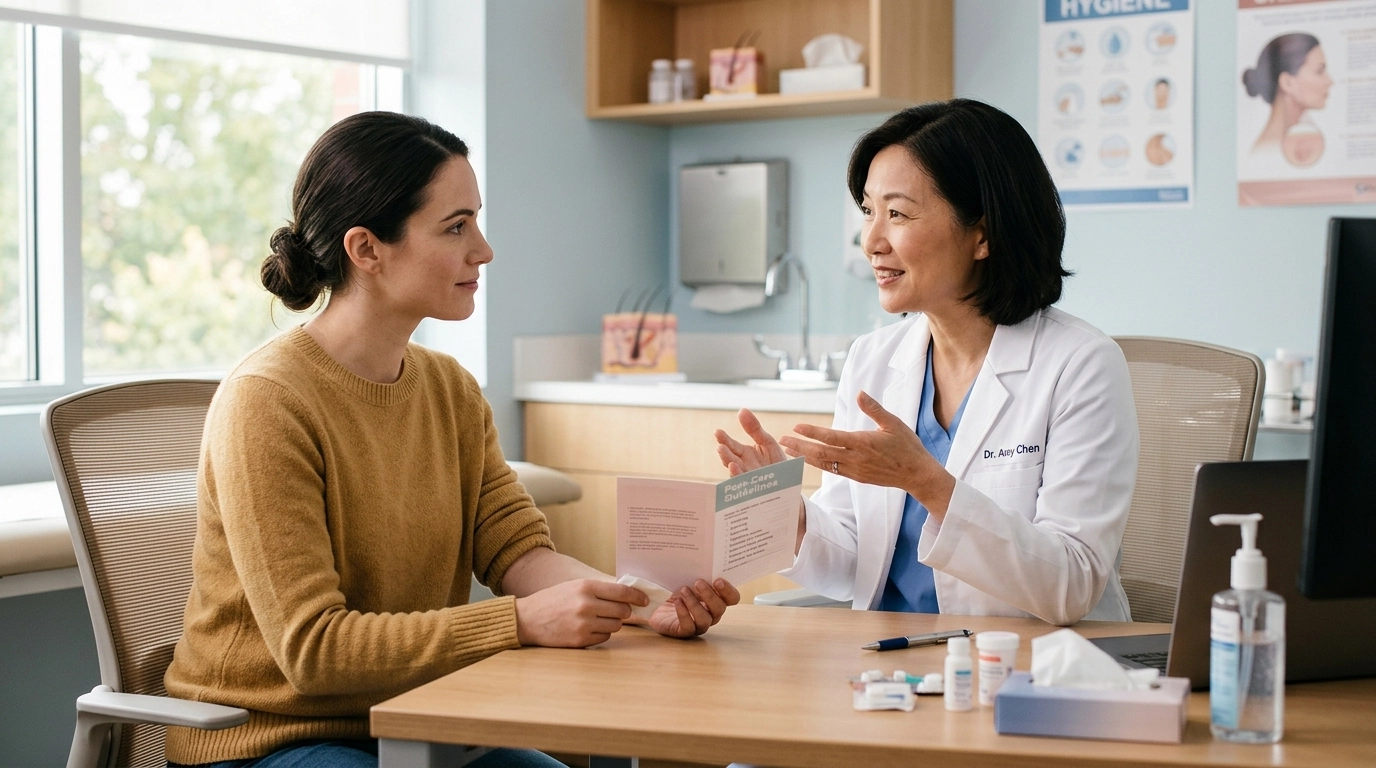 แพทย์กำลังอธิบายอาการหลังฉีดฟิลเลอร์ที่ควรเฝ้าดูให้คนไข้