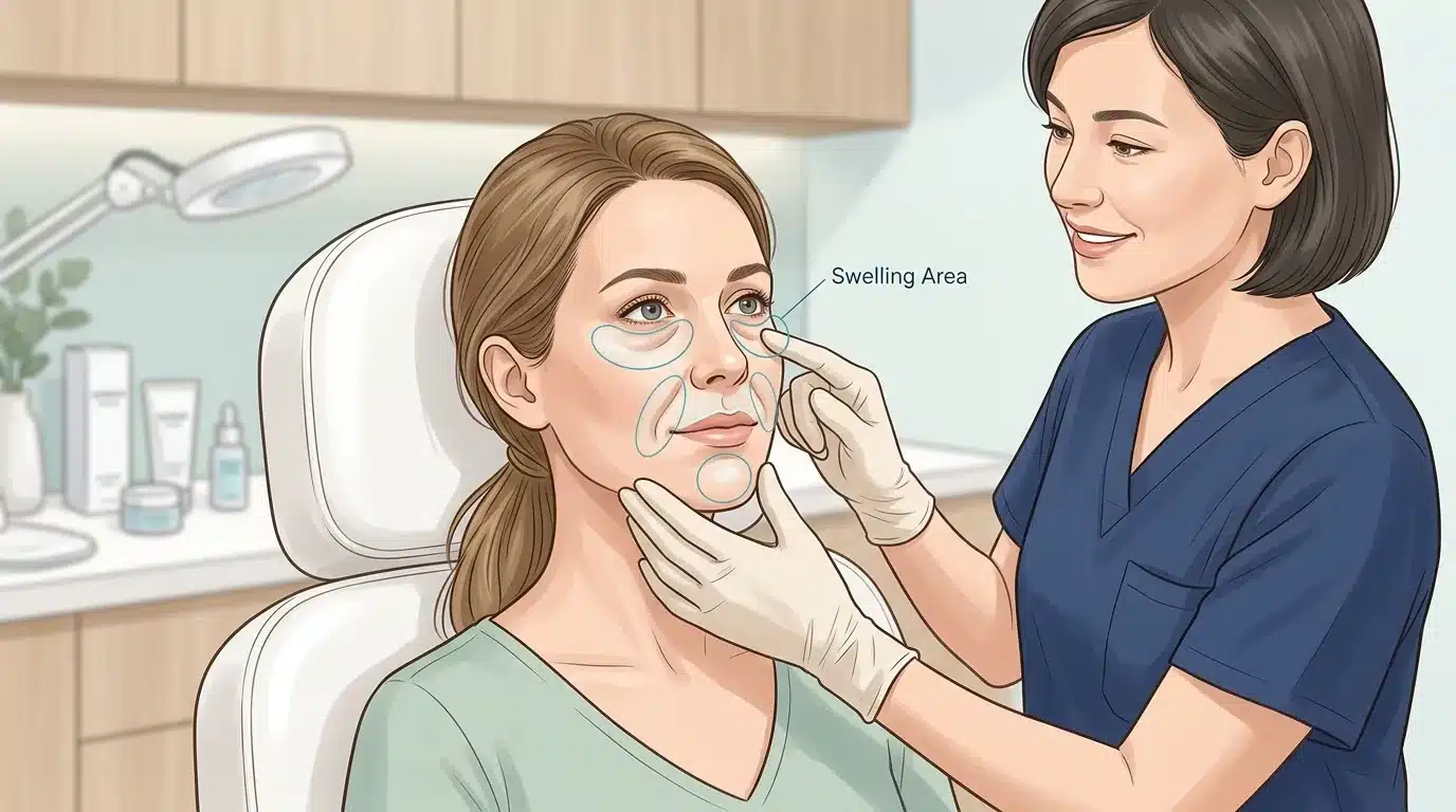 ภาพแสดงตำแหน่งบนใบหน้าที่มีโอกาสบวมหลังฉีดฟิลเลอร์ได้ต่างกัน