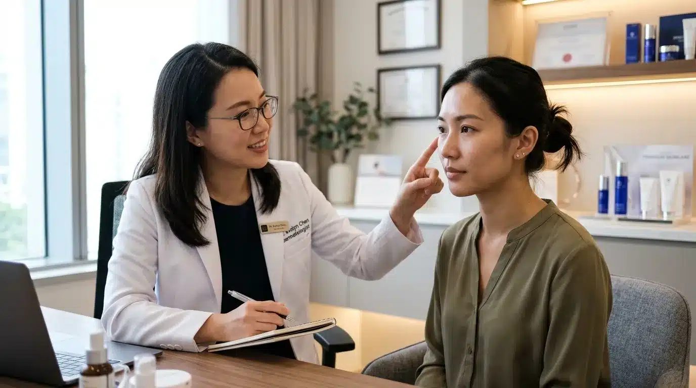 แพทย์กำลังประเมินขมับยุบและรูปหน้าก่อนวางแผนฉีดฟิลเลอร์ขมับ