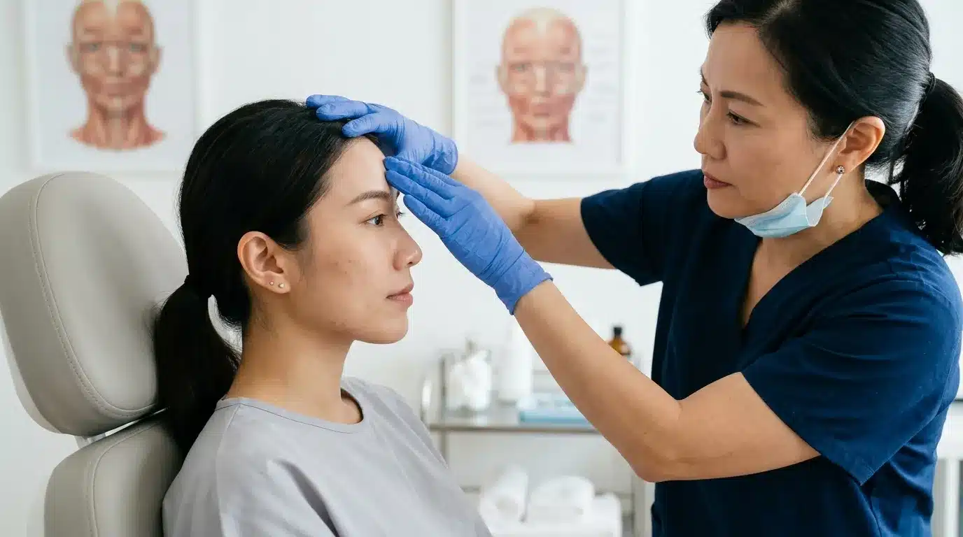 แพทย์ประเมินหน้าผาก ขมับ และสัดส่วนใบหน้าก่อนวางแผนฉีดฟิลเลอร์