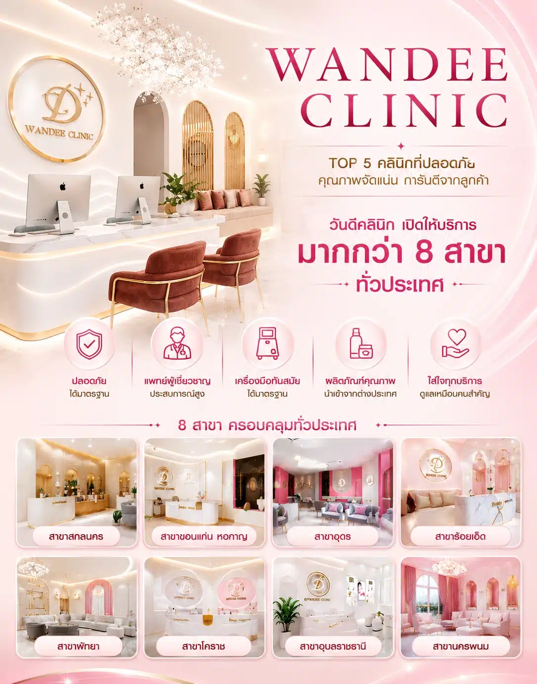 โปสเตอร์ประชาสัมพันธ์วันดีคลินิก คลินิกความงามโทนสีชมพูพรีเมียม พร้อมภาพบรรยากาศภายในสาขาต่าง ๆ ทั่วประเทศ ดีไซน์เรียบหรู ทันสมัย และดูสะอาดระดับพรีเมียม