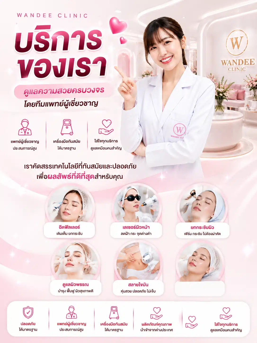 ภาพโปรโมทบริการของวันดีคลินิก โทนสีชมพูขาวสไตล์พรีเมียม พร้อมคุณหมอและบริการความงามครบวงจร เช่น ฟิลเลอร์ เลเซอร์ผิวหน้า ยกกระชับผิว ดูแลผิวพรรณ และสลายไขมัน ภายในคลินิกหรู สะอาด ทันสมัย และดูอบอุ่น