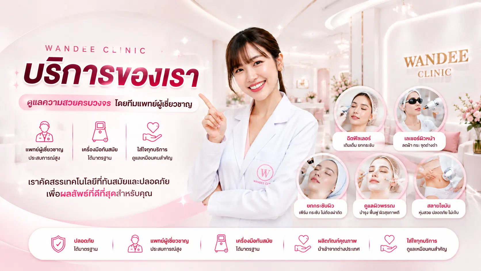 ภาพโปรโมทบริการของวันดีคลินิก โทนสีชมพูขาวสไตล์พรีเมียม พร้อมคุณหมอและบริการความงามครบวงจร เช่น ฟิลเลอร์ เลเซอร์ผิวหน้า ยกกระชับผิว ดูแลผิวพรรณ และสลายไขมัน ภายในคลินิกหรู สะอาด ทันสมัย และดูอบอุ่น