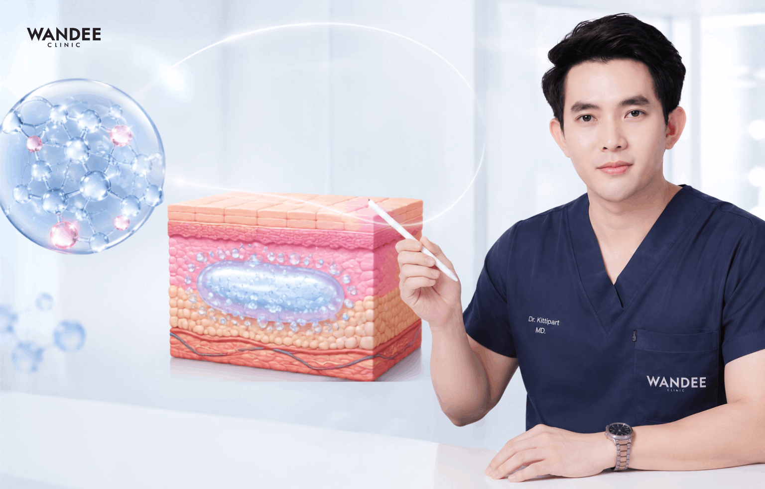 ภาพอธิบายกลไกการอุ้มน้ำของฟิลเลอร์ Hyaluronic Acid (HA) ใต้ผิวหนัง พร้อมแพทย์อธิบายการเปลี่ยนแปลงของเจลหลังฉีด