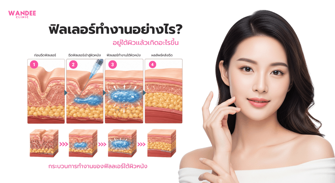 อินโฟกราฟิกอธิบายการทำงานของฟิลเลอร์ HA ใต้ผิวหนัง ตั้งแต่การฉีด การพยุงเนื้อเยื่อ การอุ้มน้ำ และผลลัพธ์ที่ช่วยให้ร่องลึกดูตื้นลง ผิวดูเต็มขึ้นอย่างเป็นธรรมชาติ